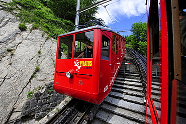 With 48 percent incline the steepest cog railway in the world, railway on Mount Pilatus near Lucerne, Switzerland, Europe