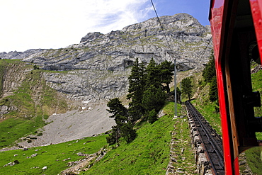 With 48 percent incline the steepest cog railway in the world, railway on Mount Pilatus near Lucerne, Switzerland, Europe