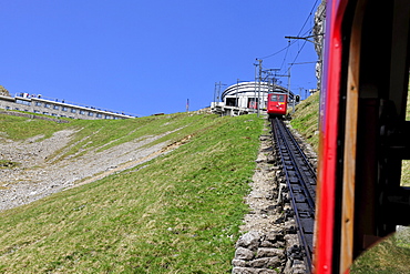 With 48 percent incline the steepest cog railway in the world, railway on Mount Pilatus near Lucerne, Switzerland, Europe