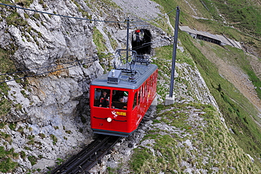 With 48 percent incline the steepest cog railway in the world, railway on Mount Pilatus near Lucerne, Switzerland, Europe