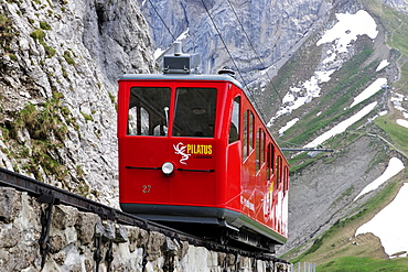 With 48 percent incline the steepest cog railway in the world, railway on Mount Pilatus near Lucerne, Switzerland, Europe