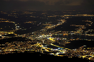 View at night from the top of Mount Pilatus, popular tourist's destination, on Lucerne on Lake Lucerne, Switzerland, Europe