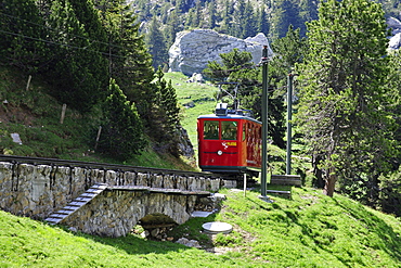 With 48 percent incline the steepest cog railway in the world, railway on Mount Pilatus near Lucerne, Switzerland, Europe