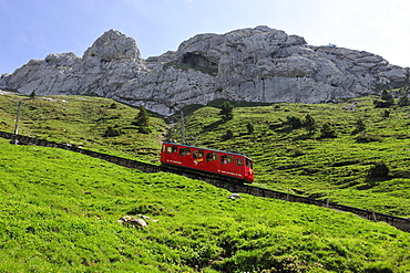 With 48 percent incline the steepest cog railway in the world, railway on Mount Pilatus near Lucerne, Switzerland, Europe