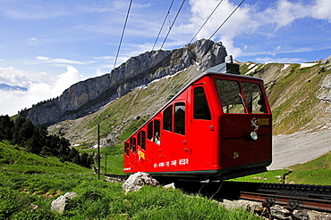 Cogwheel railway to Mount Pilatus, a recreational mountain near Lucerne, the 48% gradient making it the steepest cogwheel railway in the world, Switzerland, Europe