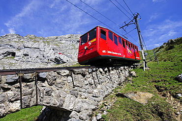 Cogwheel railway to Mount Pilatus, a recreational mountain near Lucerne, the 48% gradient making it the steepest cogwheel railway in the world, Switzerland, Europe