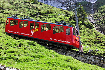 Cogwheel railway to Mount Pilatus, a recreational mountain near Lucerne, the 48% gradient making it the steepest cogwheel railway in the world, Switzerland, Europe