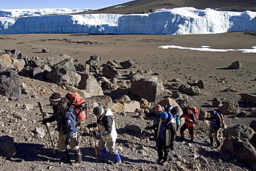 Mountaineer and local guide at the ascent to the summit of the Kilimanjaro via the Western Breach route, Tanzania, Africa