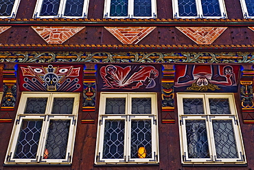 Detail of the front of the Knochenhaueramtshaus butcher's guild house on the market square, Hildesheim, Lower Saxony, Germany, Europe