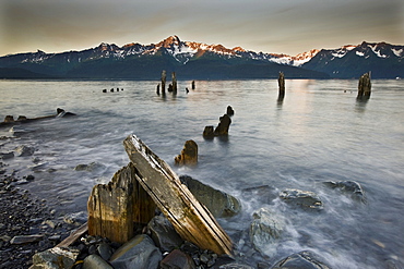 Coast, old pier, evening mood, Seward, Alaska, USA