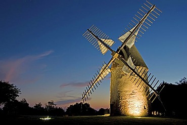 Windmill on Mt Mont des Alouettes, night, Les Herbiers, Vendee, France, Europe