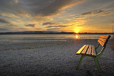 Bench at sunset, Lake Constance, Markelfingen, Radolfzell, County of Constance, Baden-Wurttemberg, Germany, Europe