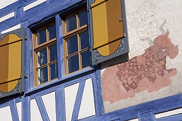 Timbered house with cattle painted on the front, Old Town, Arbon, Canton Thurgau, Lake Constance, Switzerland