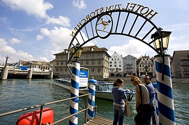 Pier at Hotel Zum Storchen, passengers, cruise vessel, Wuehre, Zurich, Switzerland, Europe