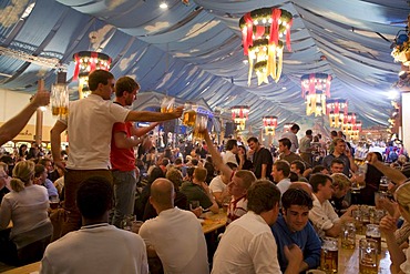 People drinking beer in a beer tent, Cannstatter Festival, Bad Cannstatt, Stuttgart, Baden-Wuerttemberg, Germany