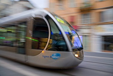 Tram line T1 in the Av. de la Republique, Nice, Cote d'Azur, France