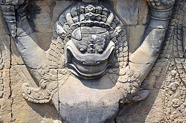 Relief of Garuda, Indian mythology, half-human half-eagle, kills snakes, riding animal of Vishnu, Terrace of the Elephants, Angkor, Cambodia, Asia