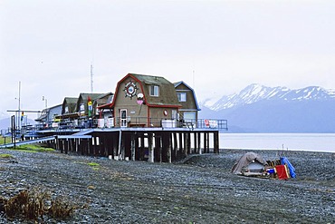 Houses on stilts at the Homer Spit, Homer, Halibut-Fishing Capital of the World, Kachemak Bay, Alaska