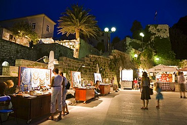 Market stalls, nightlife, historic centre of Rab, Rab Island, Istria, Croatia, Europe