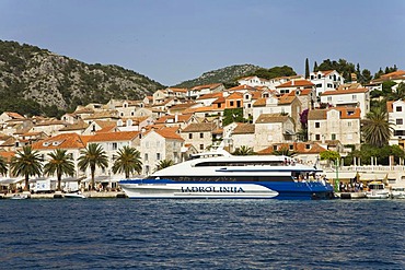 Cityscape of Hvar and a ferry, cruiser, Hvar Island, Adriatic Sea, Dalmatia, Croatia, Europe