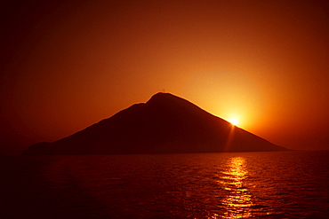 Island at sunrise, Stromboli, Aeolian Islands, Italy, Europe