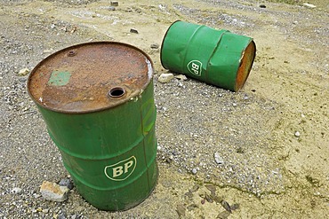 Old BP petrol barrels, Bavaria, Germany, Europe