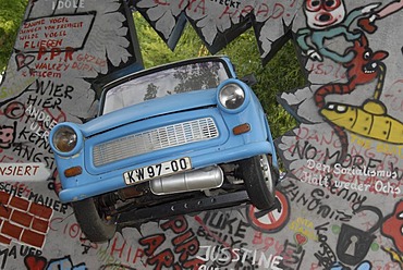 Graffiti wall with trabant, trabbi, Freizeitpark Geiselwind, Mittelfranken, Middle Franconia, Germany, Europe