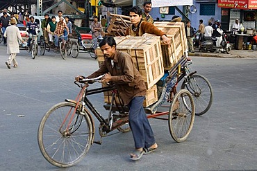 Heavily loaded rickshaw, North India, India, Asia