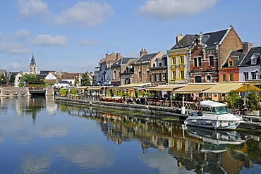 Canal, street cafe, restaurant, boat, Saint Leu quarter, Amiens, Picardie, France, Europe