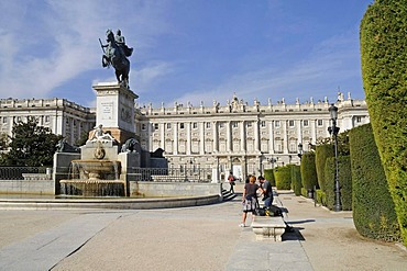 Equestrian statue Philipp lV, Felipe, monument, Plaza de Oriente, Palacio Real, royal palace, Madrid, Spain, Europe