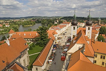 View from church tower to church towers, steeples, lake, tourists, old town, renaissance, UNESCO World Heritage Site, main square, market place, Tel&, Telc, Teltsch, Czech Republic, Europe