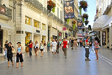 Pedestrian zone, shops, people in the historic centre of Montpellier, Languedoc-Roussillon, France, Europe