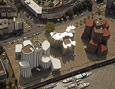 Aerial photo of the new customs building in the Rhine harbour, designed by architect Frank O. Gehry, Duesseldorf, North Rhine-Westphalia, Germany, Europe