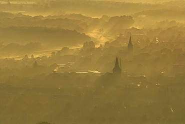 Sunrise over the city and the churches of St. Agatha and St. Josef, aerial photo, Dorsten, Ruhrgebiet, North Rhine-Westphalia, Germany, Europe