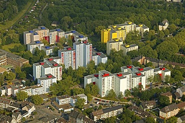 Aerial photograph, high-rise apartment buildings, Plattenbauten made of prefabricated concrete slabs, Dortmund-Hoerde, Clarenberg, LEG-Project, Dortmund, Ruhr district, North Rhine-Westphalia, Germany, Europe