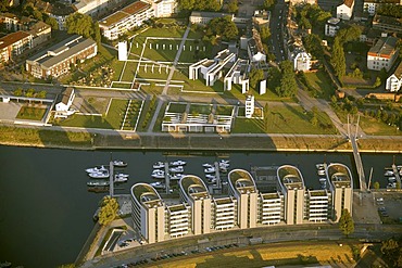 Aerial photograph of Fiveboats and the Synagogue at Holzhafen, Duisburg, Ruhr Area, North Rhine-Westphalia, Germany, Europe