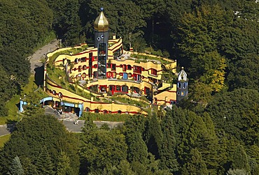 Aerial picture, Grugapark, Friedrich-Hundertwasser-House, sponsored by McDonald's, Essen, Ruhr area, North Rhine-Westphalia, Germany, Europe