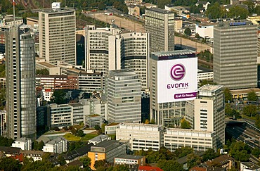 Aerial picture, the former RAG Group Building bearing the new company name EVONIK, head quarters of the Evonik Industries AG, Essen, Ruhr area, North Rhine-Westphalia, Germany, Europe