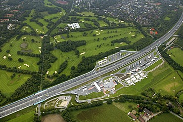 Aerial photo, Buer, A2, Resser Mark mototway restaurant, Gelsenkirchen, Ruhr area, North Rhine-Westphalia, Germany, Europe