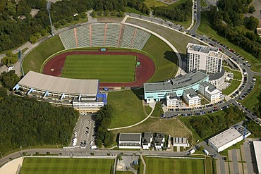 Aerial photo, medicos.AufSchalke Reha, Arena Auf Schalke, Schalke arena, former Park Stadium, Gelsenkirchen, Ruhr area, North Rhine-Westphalia, Germany, Europe