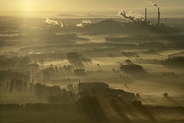 Aerial image, sunrise, early morning fog, industrial backdrop of the Scholven power plant, Scholven, Gelsenkirchen-Buer, North Rhine-Westphalia, Germany, Europe