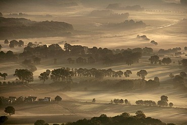 Aerial image, sunrise, early morning fog, Toensholt, Scholven, Gelsenkirchen-Buer, North Rhine-Westphalia, Germany, Europe