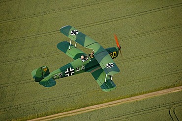 Aerial view, Buecker Jungmann, historic aeroplane, Quax-Flieger, Aviator's Society, Hamm, Ruhr Area, North Rhine-Westphalia, Germany, Europe