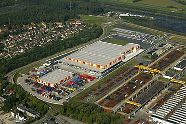 Aerial view, TrinkGut Beverage Wholesale and Logistician, Hafen Herringen, Hamm, Ruhr Area, North Rhine-Westphalia, Germany, Europe