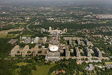 Aerial photo, Mensa, Audi-Max, tower blocks, pre-fabs, student accommodation at the RUB Ruhr University, Hustadt, Bochum, Ruhr area, North Rhine-Westphalia, Germany, Europe