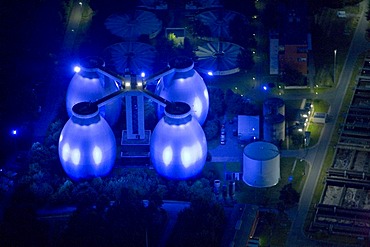 Aerial photo, digester tanks, Emscher sewage works, night exposure, blue illumination, Extraschicht 2008 festival, Bottrop, Ruhr area, North Rhine-Westphalia, Germany, Europe
