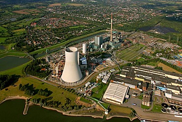 Aerial photograph, atmospheric cooling tower, power plant, Steag, Evonik, Rhein, Walsum, Duisburg, Ruhr Area, North Rhine-Westphalia, Germany, Europe