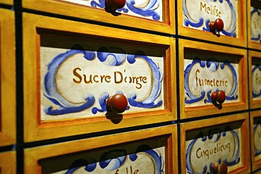 Sugar cupboard, drawers, Laventure du sucre, Sugar Museum, Beau plan, Mauritius, Indian Ocean, Africa