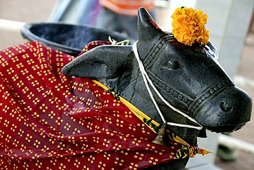 Holy cow, decorated stone cow, Hinduism, Mauritius, Africa, Indian Ocean