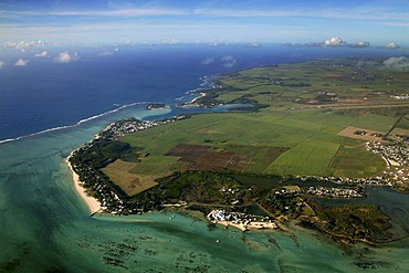 Aerial view, turquoise water, holiday resort, Tamarin Bay, Mauritius, Indian Ocean